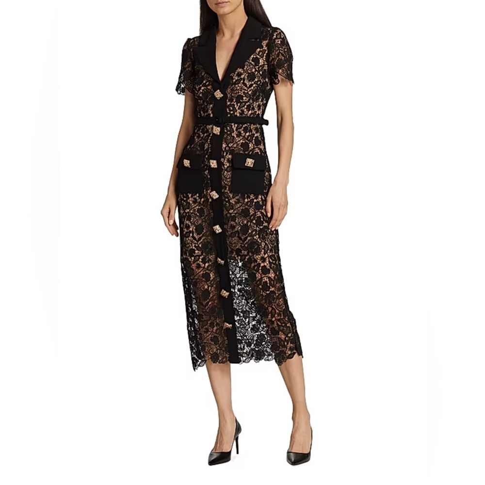 Self-Portrait Black and Beige Guipure Lace Midi Dress